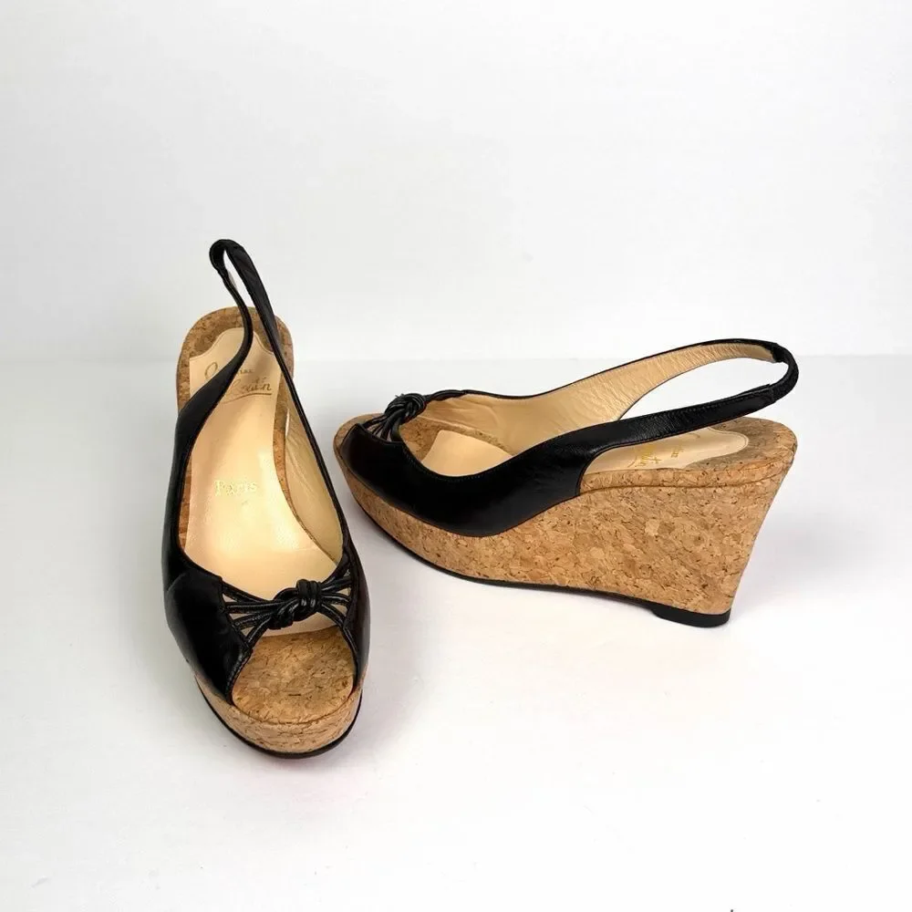 Christian Louboutin Cork Wedges Sandals Black Leather Peep Toe Slingback US 8